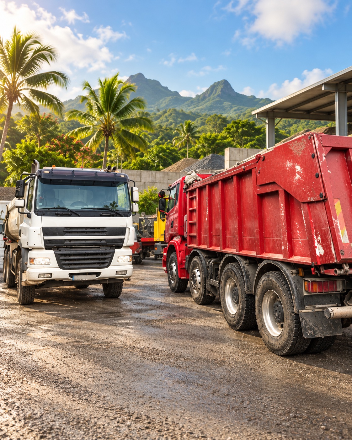 Illustration de camions de transport de matériaux dans un paysage tropical inspiré de la Martinique